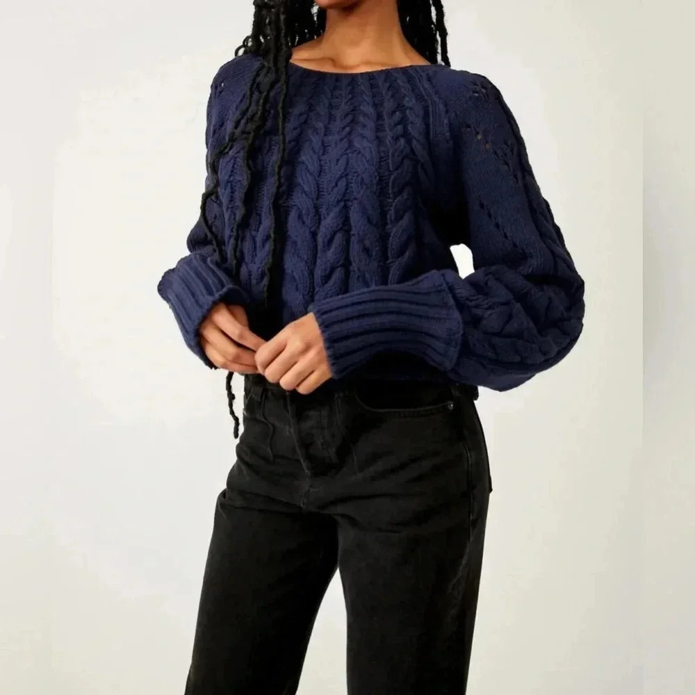 Free People Sandre Pullover Sweater in Navy Blue NWT